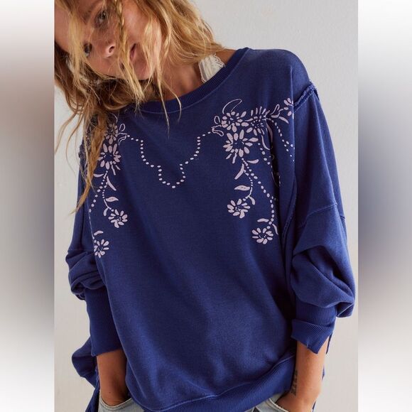 Free People We the Free Floral Graphic Camden Distressed Sweatshirt Blue NWOT - Picture 1 of 9